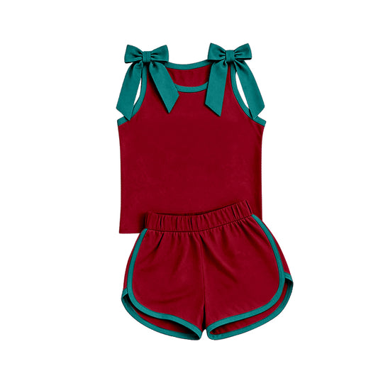 custom moq 5 mix size Baby Girls Bow Red Sleeveless Top Shorts Clothes Set
