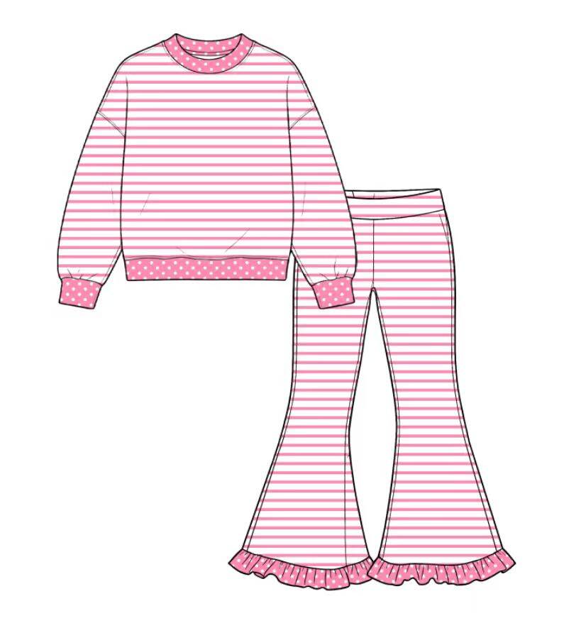 custom moq 5 mix size Baby Girls Pink Stripe Polka Dot Long Sleeve Top And Ruffle Bell Bottom Pants Fall Outfit Set