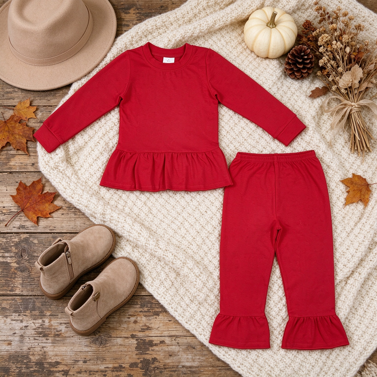 NEW RTS NO MOQ cotton GLP3749 Baby Girls Red Long Sleeve Tunic Shirt Ruffle Pant Clothes Set Cute Casual Outfit