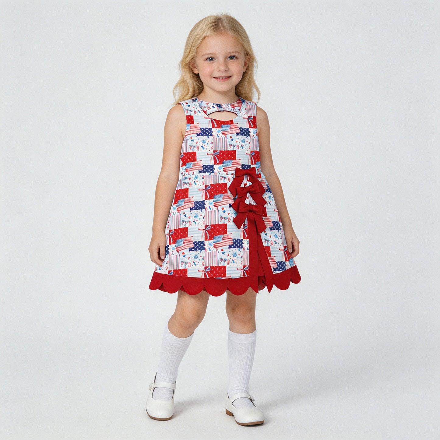 RTS NO MOQ yoga fabric GSD3945 Baby Girls Cute Bows And Flags Print 4th of July Scallop Trim Yoga Dress