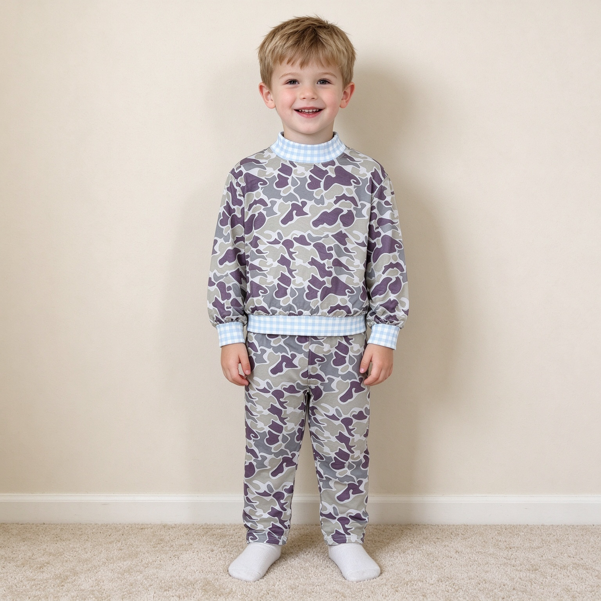 NEW RTS NO MOQ milk silk BLP1567（BT1922+P1191）High Neck Baby Boys Grey Camo Print Top And Leggings Pant Set