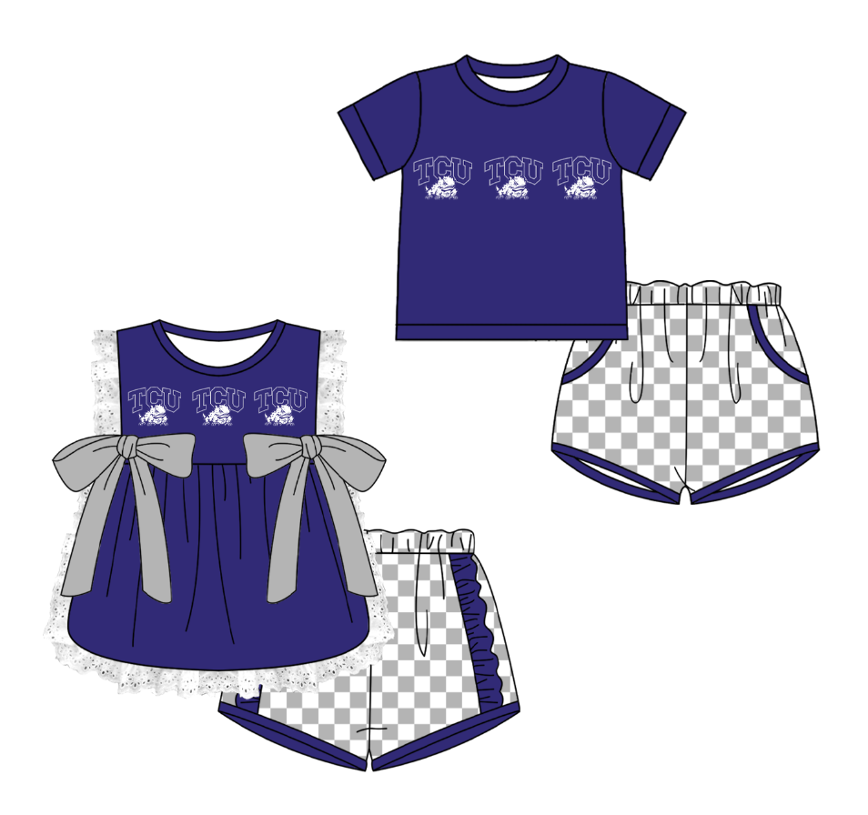 Custom moq 5 mix size milk silk summer teams Purple Girl Sleeveless Top And Plaid Shorts Set with Bow Boy Short Sleeved Top And Plaid Shorts Set