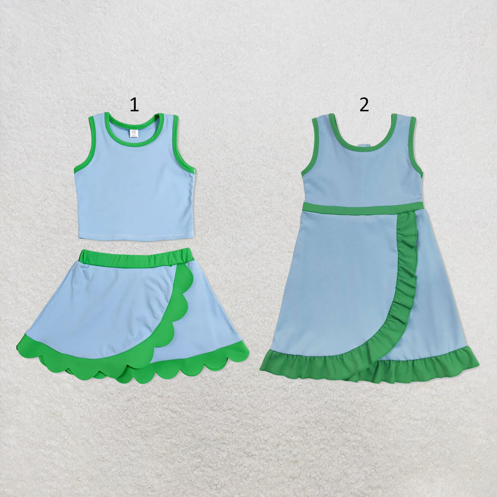 RTS NO MOQ Sibling cotton Baby Girls Green Blue Sleeveless Vest Scallop Skirt Yoga Active Set Short Knee Length Dress