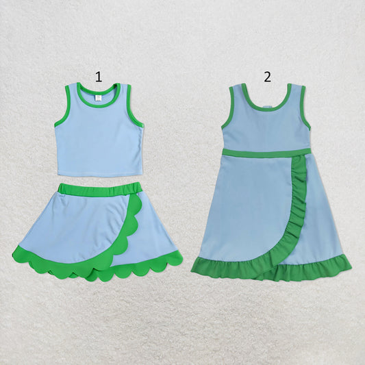 RTS NO MOQ Sibling yoga fabric cotton Baby Girls Green Blue Sleeveless Vest Scallop Skirt Yoga Active Set Short Knee Length Dress