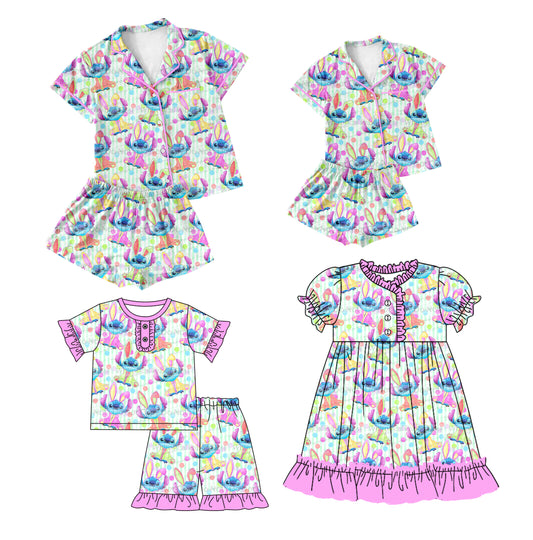 12.14 custom each style moq 5eta 4-6week Sibling Sister stitch baby girls short sleeve shorts sets and adult sets and girls sets and dress match design