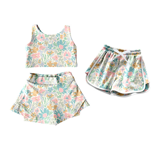 Custom moq 5 mix size Sibling Baby Girl's Summer Floral print Short-Sleeved Dress Yoga Set with Shorts