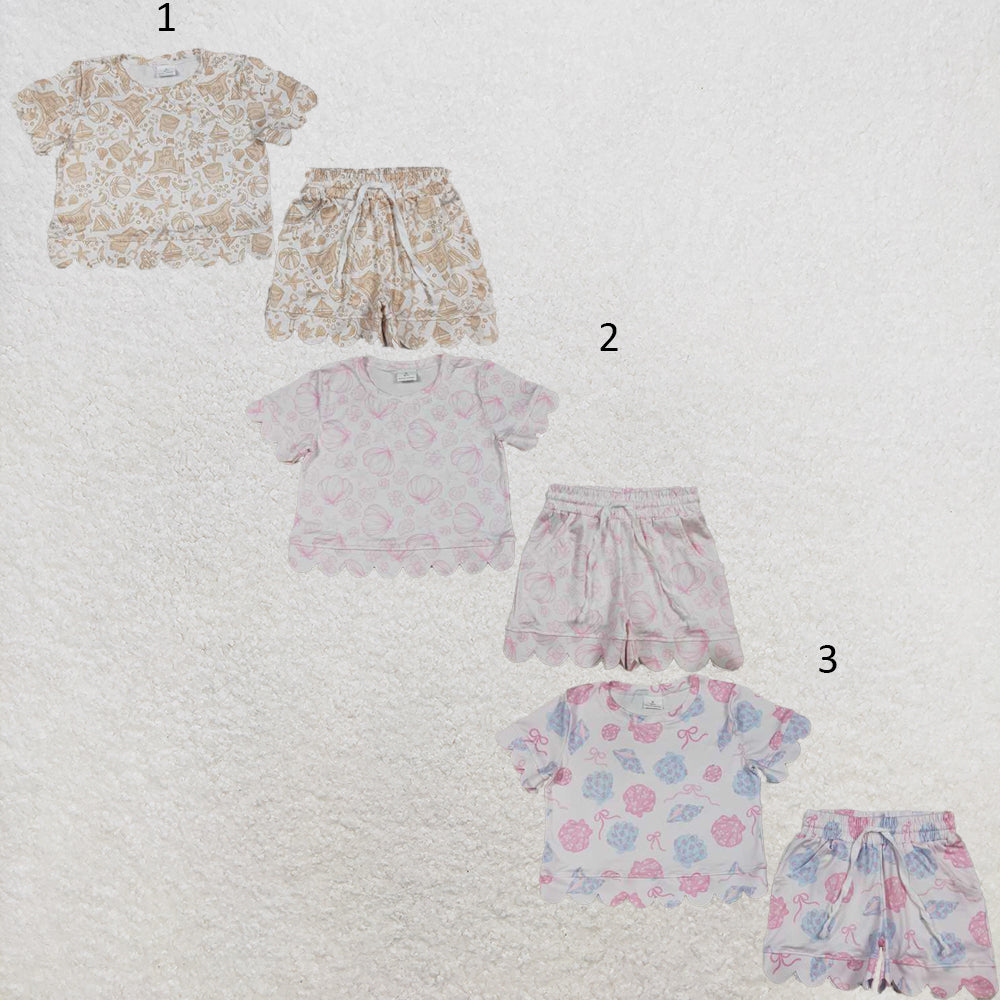 RTS NO MOQ Sibling milk silk Baby Girls Summer Top Pocket Shorts Scallop Hem Casual Outfits