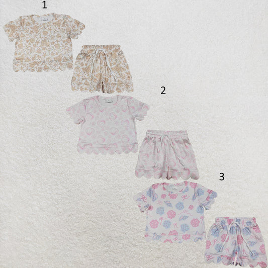 RTS NO MOQ Sibling milk silk Baby Girls Summer Top Pocket Shorts Scallop Hem Casual Outfits