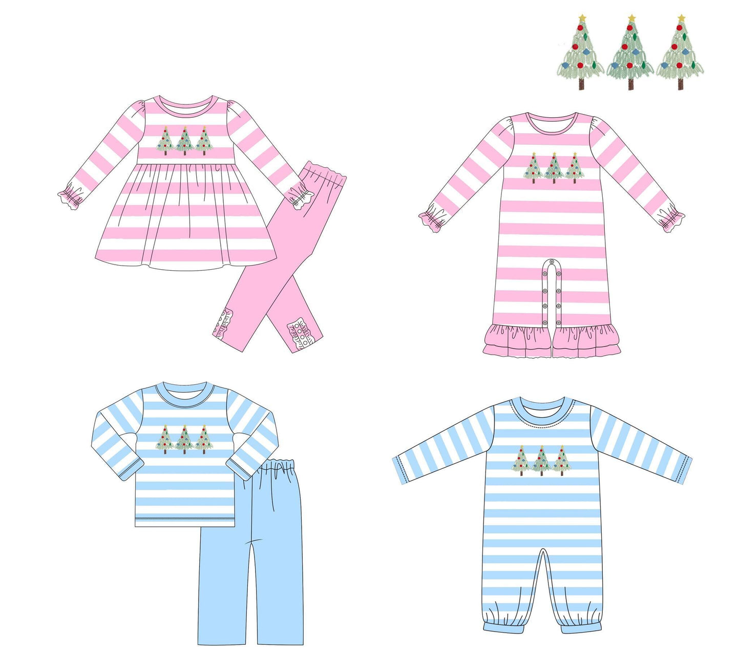 5.18custom each style moq 5eta 4-5week Sibling Sister Christmas tree print blue and pink stripe girls and boys outfits and baby romper match family design