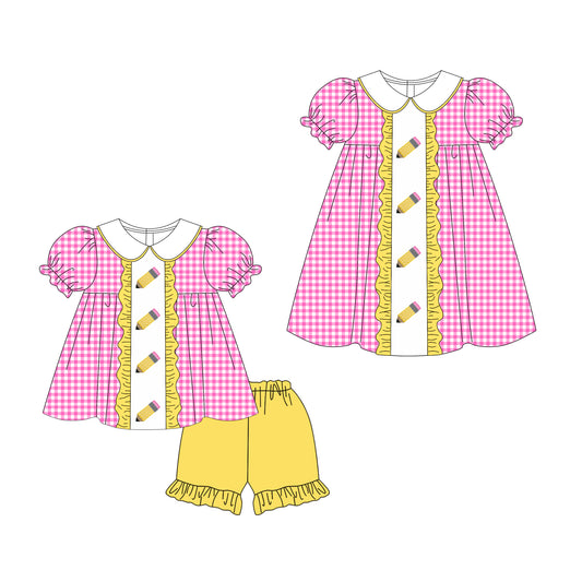 3.11  Custom moq 5 mix size Sibling Baby Girl's Pink Back To School Short-Sleeved Top And Yellow Shorts Set Cute Dress for Summer