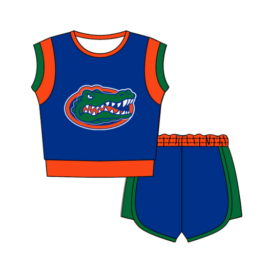 Custom moq 5 mix size milk silk summer teams Blue Sleeveless O-Neck Top And Shorts Set Cute And Comfortable Kids' Outfit