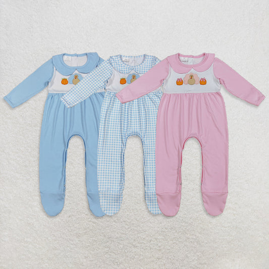 RTS NO MOQ Sibling Baby girls boy clothes embroidery halloween pumpkin turkey long sleeve rompers