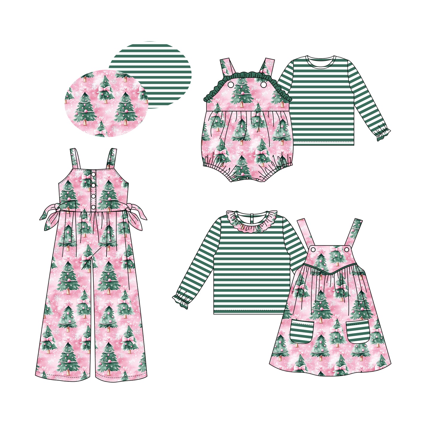 25.5.26 custom each style moq 5eta 4-6week Sibling Sisters Christmas tree baby girls short sleeve dress and short sleeve rompers and top 1 and top 2 and jumpsuit match family design