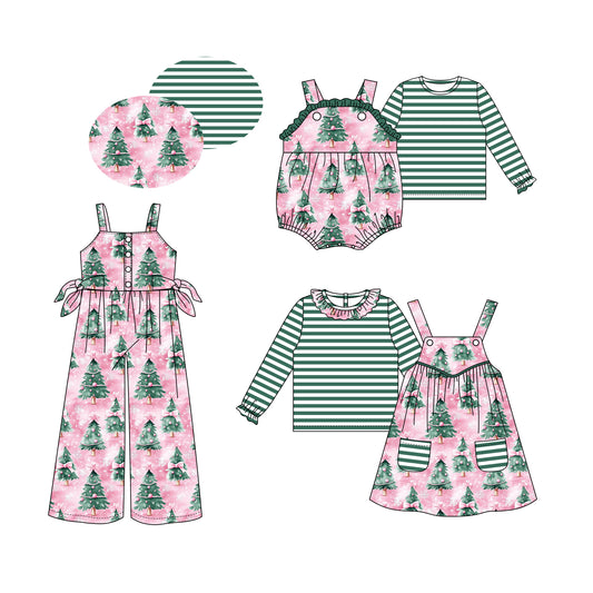 25.5.26 custom each style moq 5eta 4-6week Sibling Sisters Christmas tree baby girls short sleeve dress and short sleeve rompers and top 1 and top 2 and jumpsuit match family design