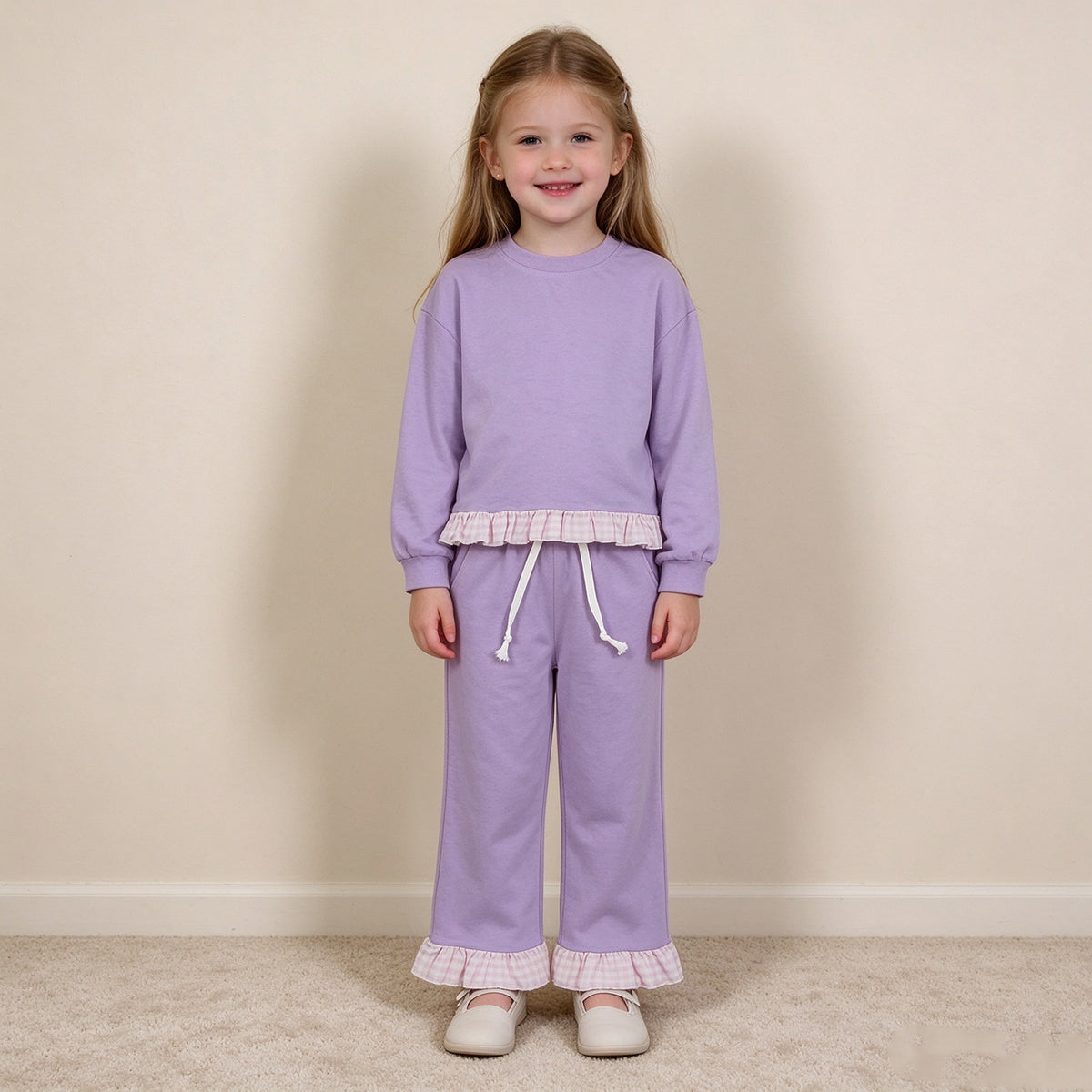 NEW RTS NO MOQ cotton GLP3755 Baby Girls Lavender Long Sleeve Top Ruffle Pant Casual Clothes Set