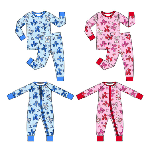 (Preorder new) No moq Baby Boys And Girls Cute Bow Print Long Sleeve Pajama Set And Zipper Romper