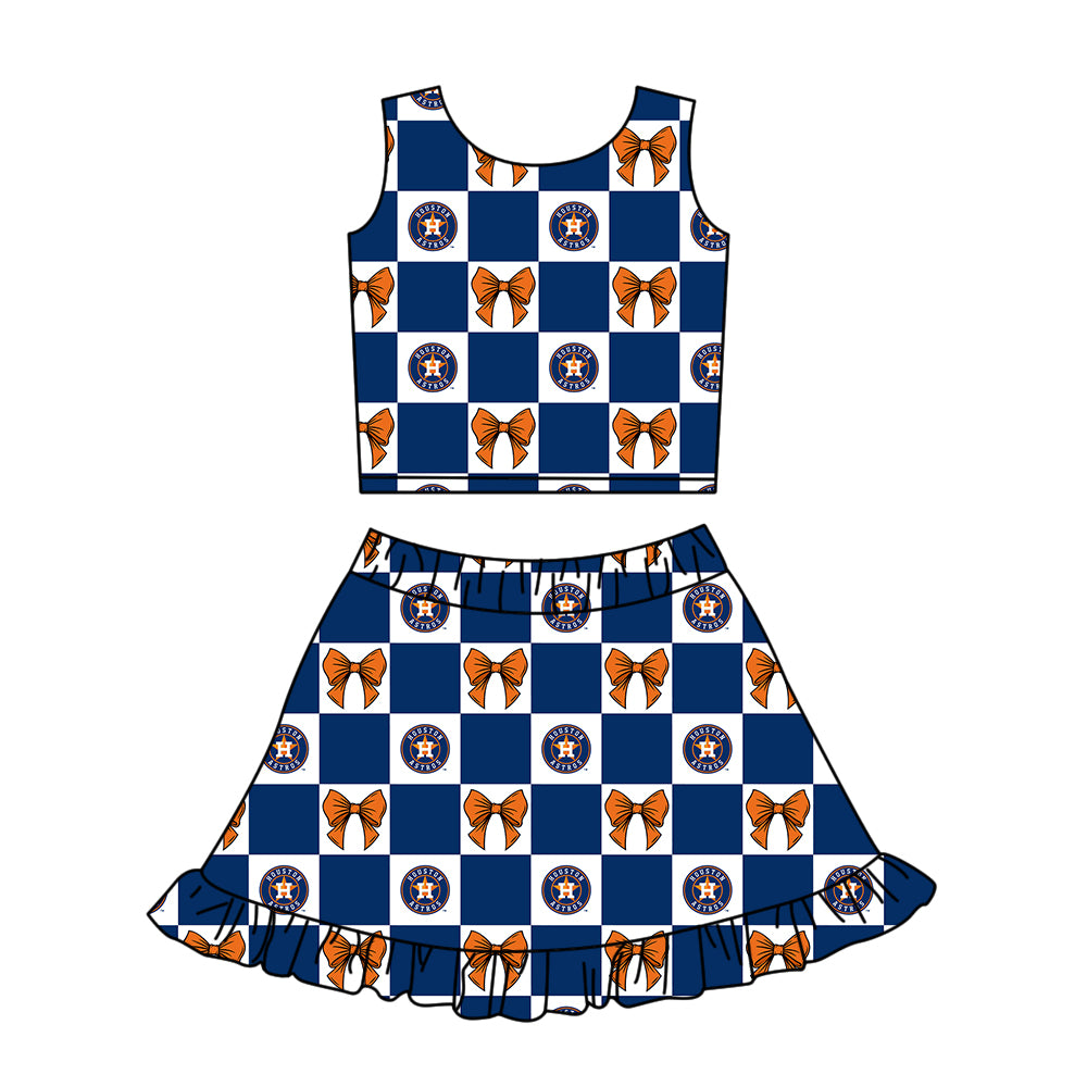 Custom moq 3 or 5 mix size milk silk summer teams baby girl clothes bow blue sleeveless skirts sets-26.1.21