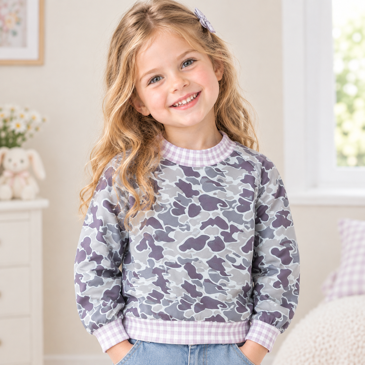 NEW RTS NO MOQ milk silk GT1873 Baby Girls Long Sleeve Grey Camo Pink Checked T-shirts Top
