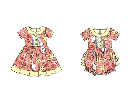 2.22 custom each style moq 5eta 4-6week Sibling Sister baby girl short sleeve dress and rompers match family design