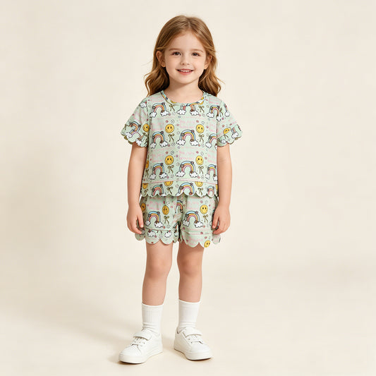 RTS NO MOQ GSSO3283 Baby Girls Cute Rainbow Smiles Flowers Scallop Pocket Clothes Set