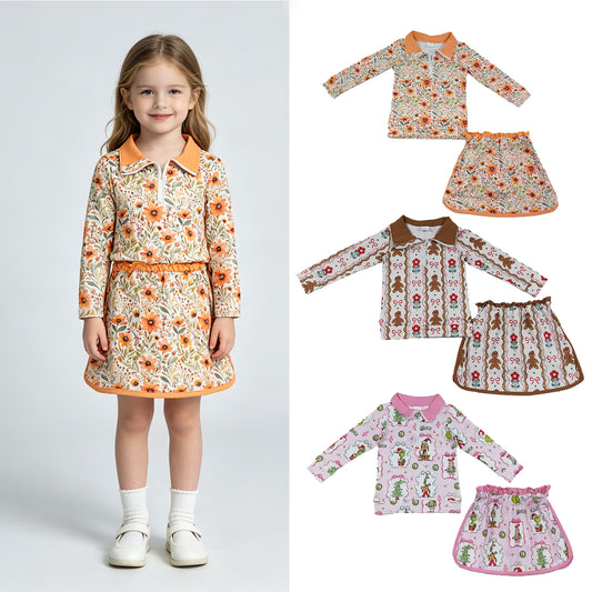 RTS NO MOQ Sibling milk silk Baby Girls Flower Print Zip Top Matching Scallop Skort Two Piece Christmas Clothes Set