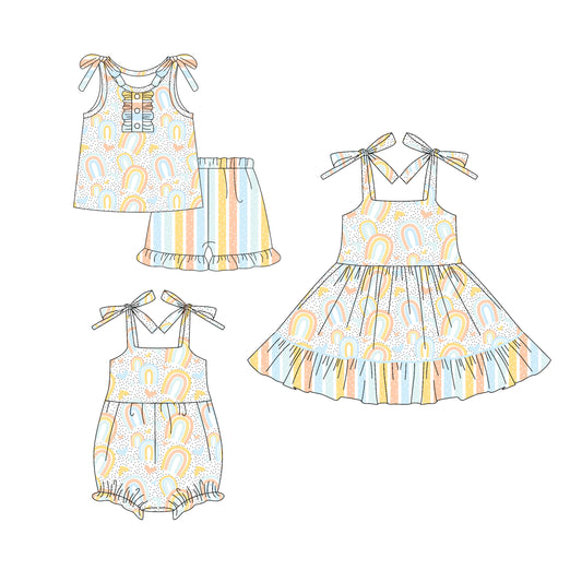 4.18 custom each style moq 5eta 4-6week Sibling Sisters rainbow baby girl short sleeve shorts sets and dress and rompers match family design