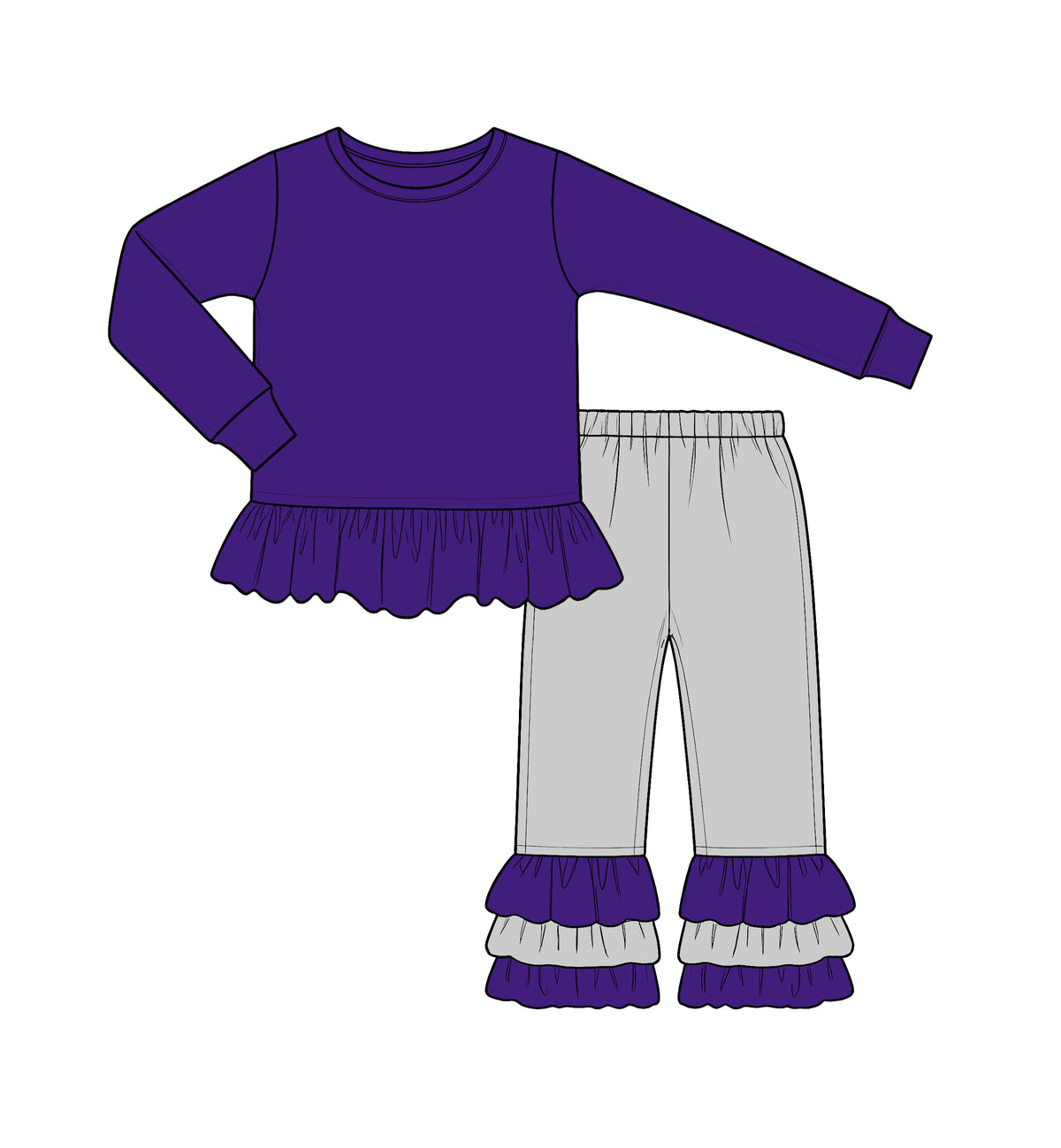 Custom moq 5 cotton fabric fall grils ruffle bow Purple-grey lace long-sleeve top and trousers set blank offer custom logodie sets