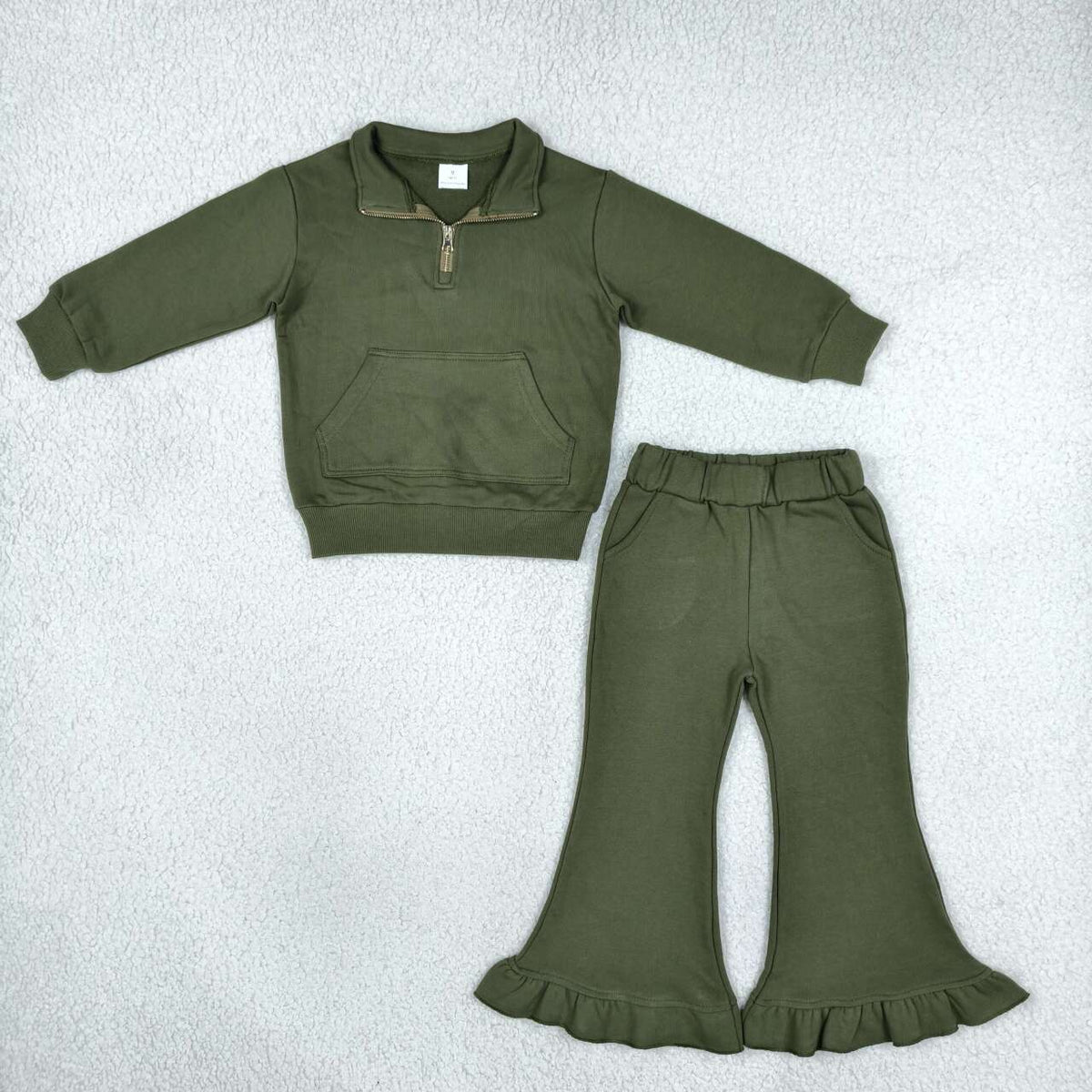 RTS NO MOQ Sibling fleece Baby Girls Solid Color Zip Pockets Top Flare Ruffle Pant Sweater Clothes Set