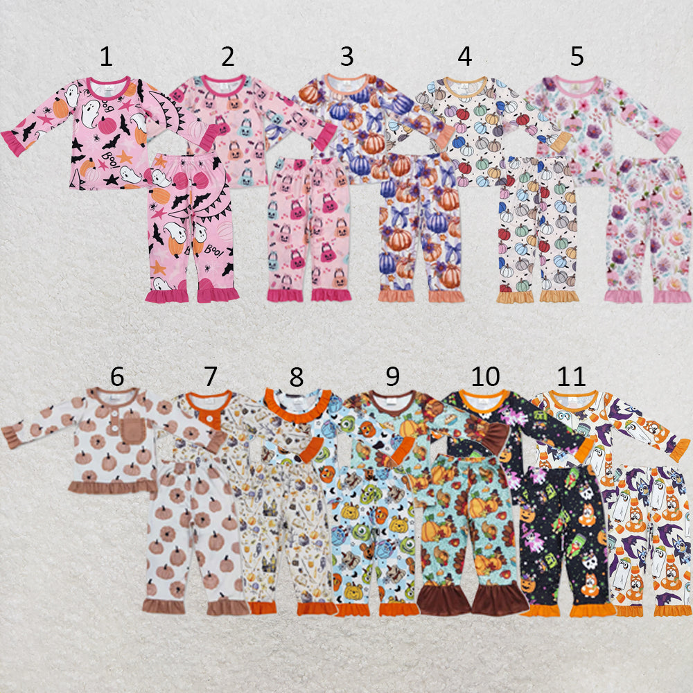 RTS NO MOQ Sibling milk silk Baby Girls Cute Pumpkin Printed Pocket Top Long Pants Pajamas Set