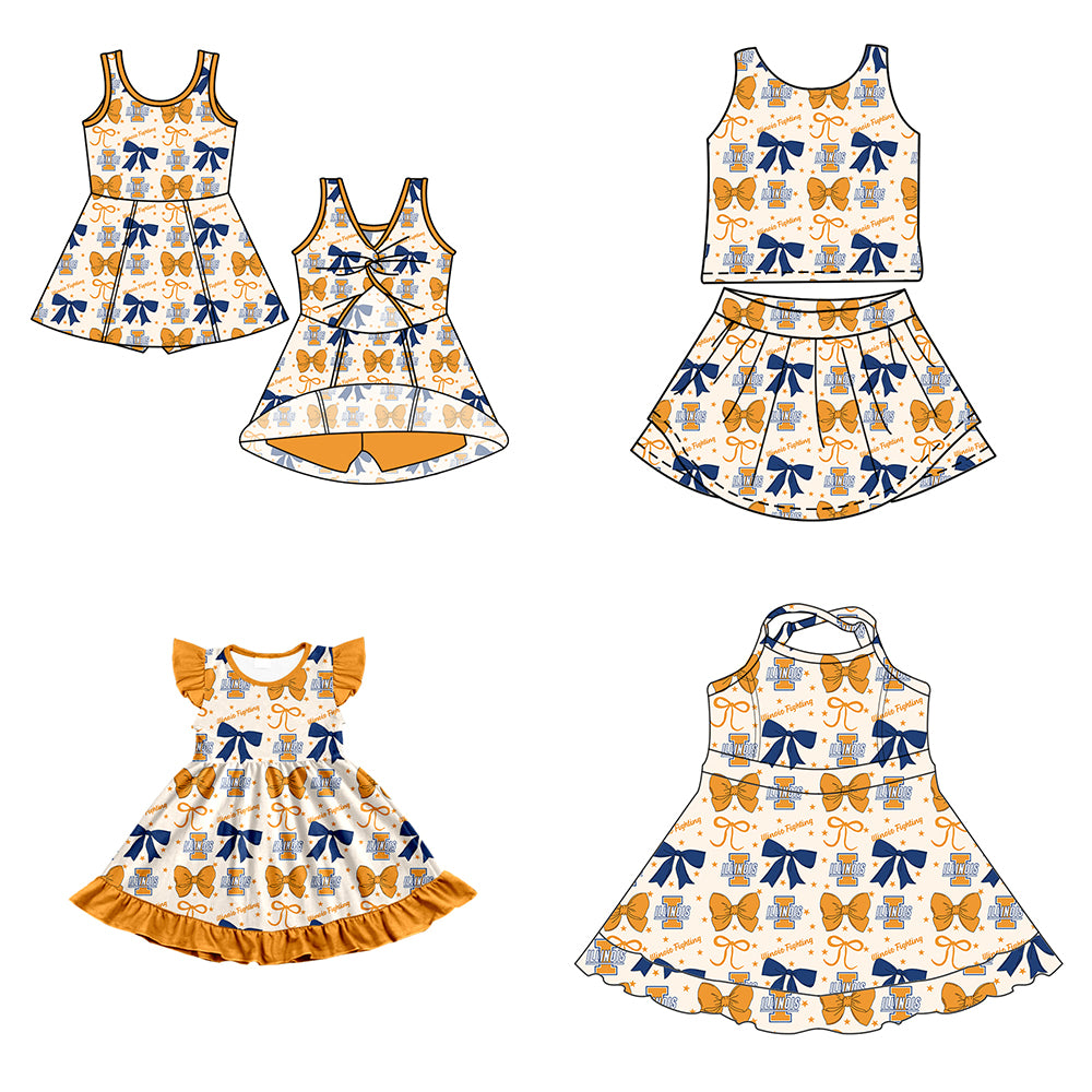 Custom moq 5 mix size milk silk summer teams baby girls clothes team bow orange sleeveless skirts sets and dress 1 and dress 2 and dress 3-25.6.25