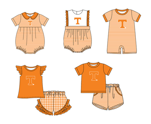 Custom moq 5 mix size milk silk summer teams Baby Boys And Girls Orange Short-Sleeved Shirt And Shorts Set Matching Striped Rompers Outfit Set