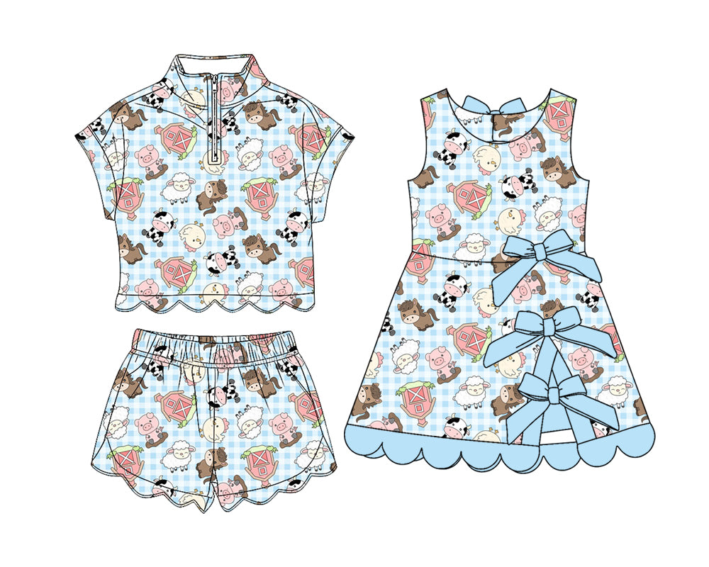 4.7   Custom moq 5 mix size Sibling Baby Girls Blue Checkered Animal Farm Zipper Top Short Scallop Hunting Sets Yoga Active Scallop Short Knee Length Dress