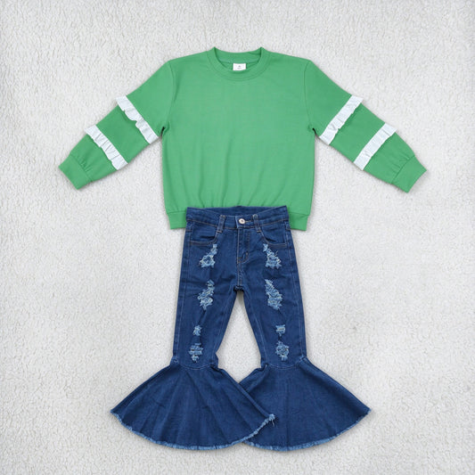 NEW RTS NO MOQ Denim GT1858+ P0133 Baby Girls Green White Ruffle Sleeve Top Navy Distressed Denim Bell Pants Set