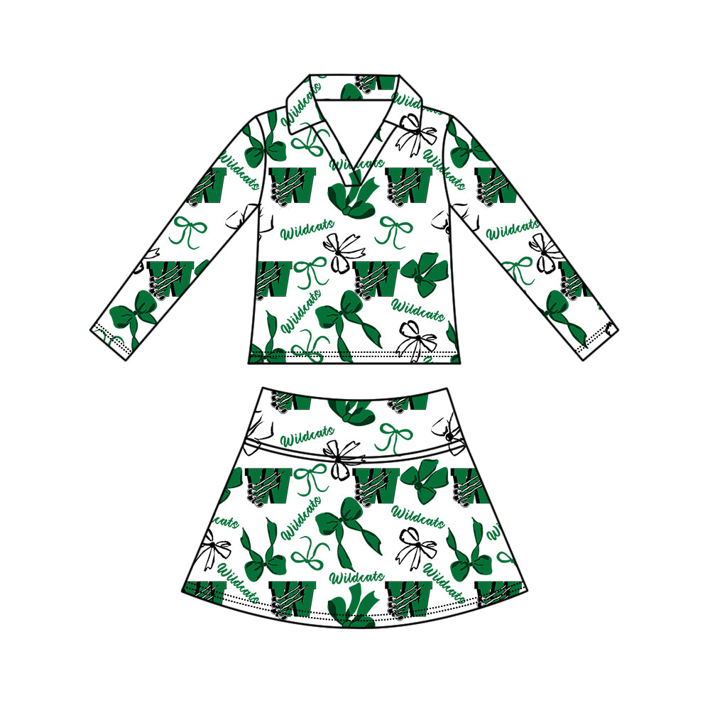 Custom moq 5 mix size summer teams Girls Green Polka Dot Top Shorts Set Top Skirt Short Set Zipper Pullover Pants Set