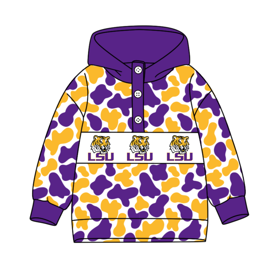 1-Custom moq 8 mix size milk silk summer team baby boy clothes camouflage purple and yellow hooded long sleeve top-25.10.9