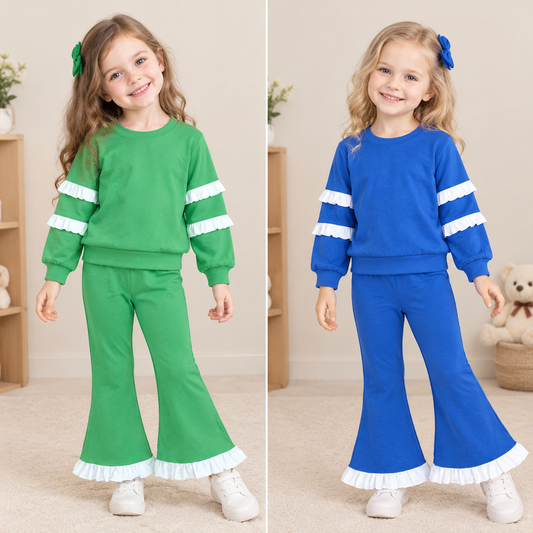 RTS NO MOQ Sibling cotton Baby Girls Solid Color White Double Ruffle Sleeve Top Ruffle Hem Bell Bottom Pants Set