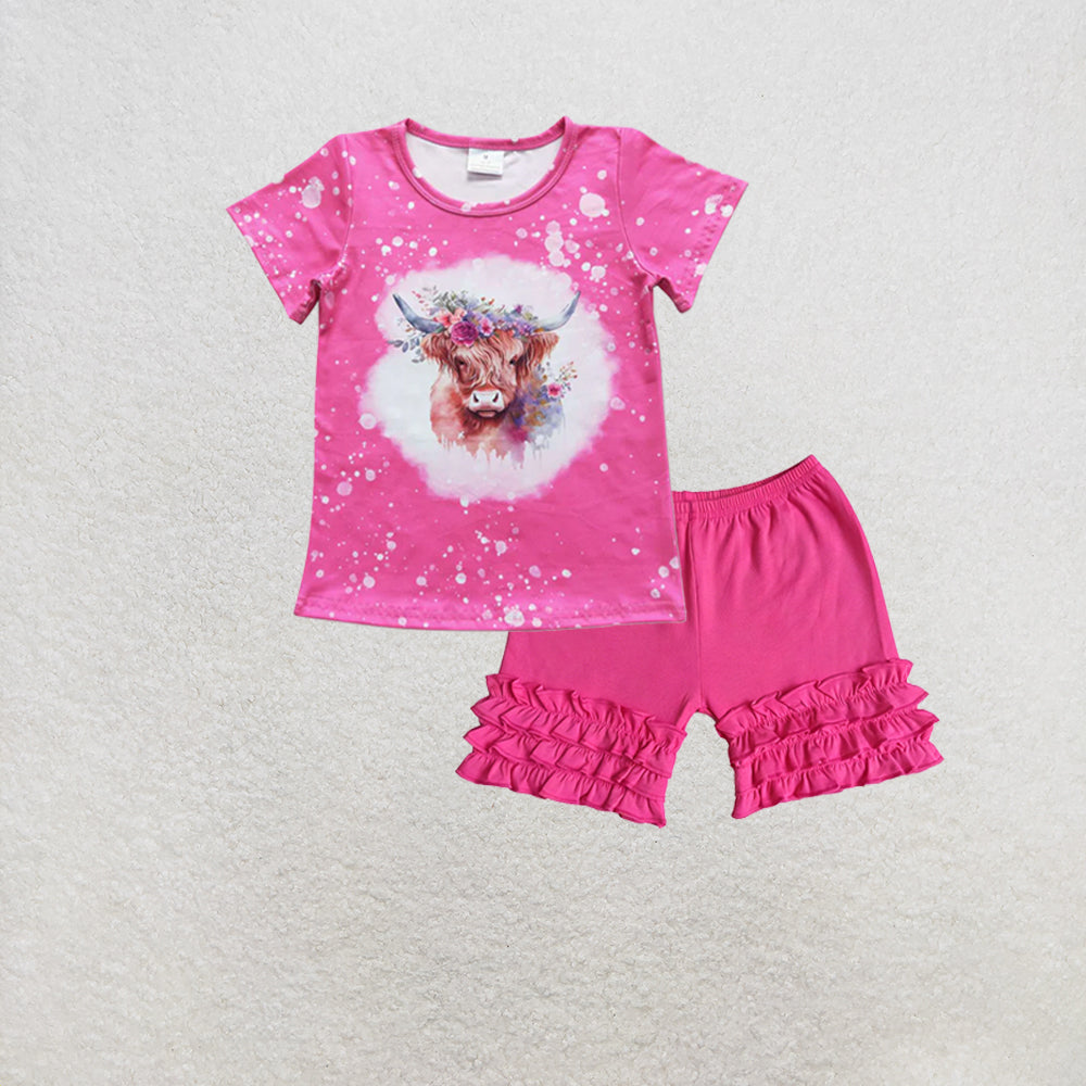 RTS NO MOQ GT0212+A14-14 Baby Girls Highland Cow Flowers Short Sleeve Shirts Tops Set