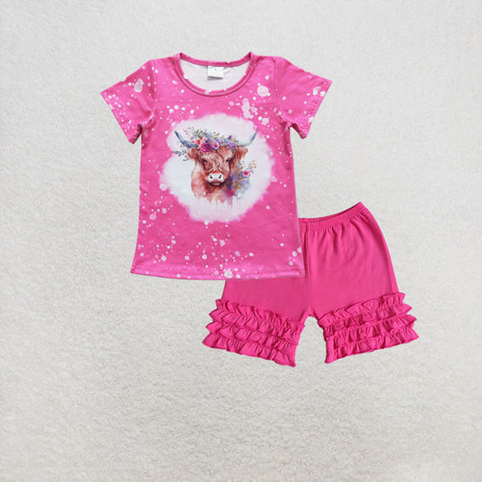 RTS NO MOQ GT0212+A14-14 Baby Girls Highland Cow Flowers Short Sleeve Shirts Tops Set