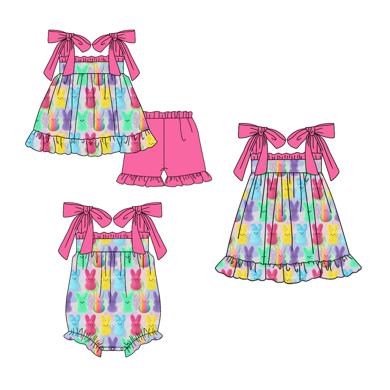 11.18 custom each style moq 5eta 4-6week Sibling Sister easter bunny baby girl short sleeve shorts sets and dress and rompers match family design