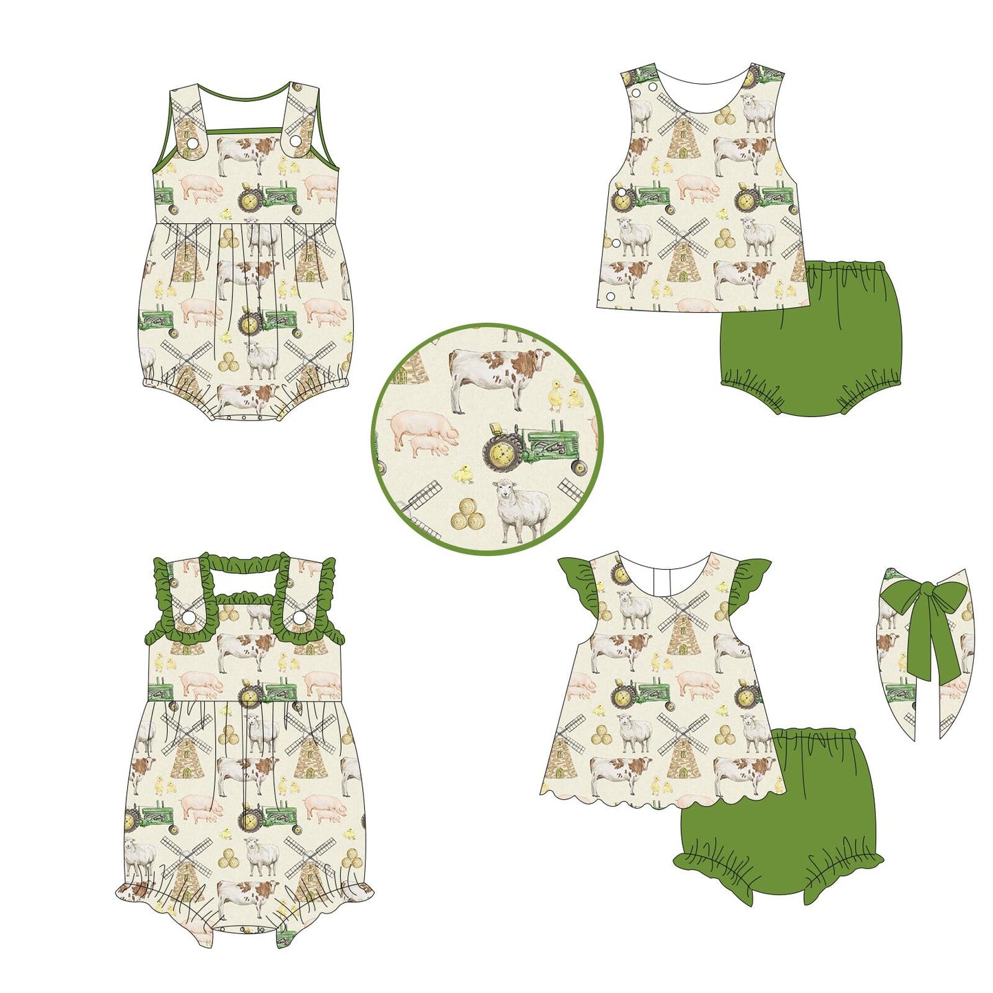 5.11custom each style moq 5eta 4-5week Sibling Sister Country style farm cattle and sheep prints green boys and girls outfits and baby romper match family design