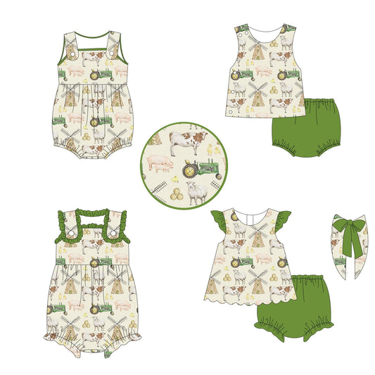 5.11custom each style moq 5eta 4-5week Sibling Sister Country style farm cattle and sheep prints green boys and girls outfits and baby romper match family design