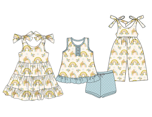 3.15 custom each style moq 5eta 4-6week Sibling Sister rainbow baby girl short sleeve shorts sets and dresses and jumpsuit match design