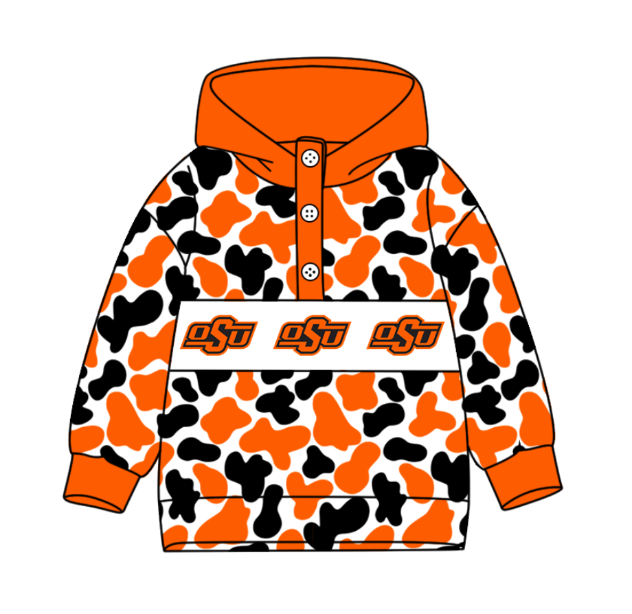 3-Custom moq 8 mix size milk silk summer team baby boy clothes camouflage orange hooded long sleeve top-25.10.9