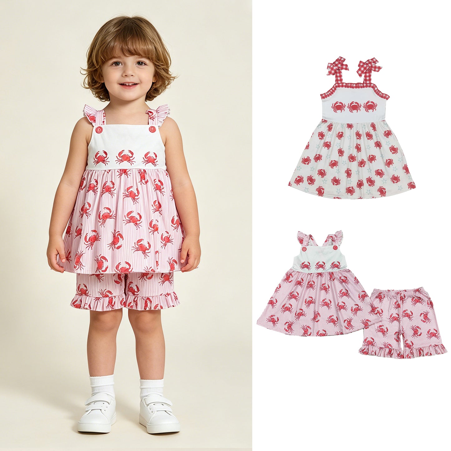 RTS NO MOQ Sibling Baby Girls Pink Stripe Crab Flutter Sleeve Tunic Ruffle Shorts Set Crab Print Strap Dress