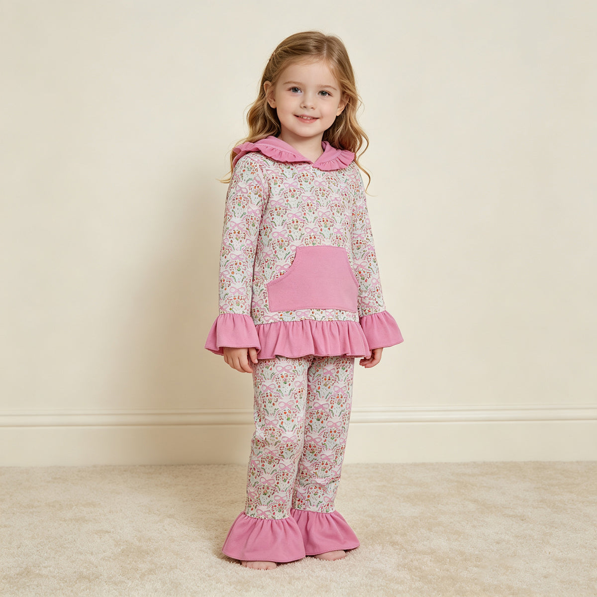 NEW RTS NO MOQ milk silk GLP3520 Baby Girls Bows Flowers Pocket Ruffle Hoodie Pants Clothes Sets