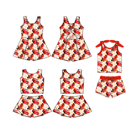 4.21 custom each style moq 5eta 4-6week Sibling Sister cars baby girls clothes Short sleeve shorts sets and yoga dress 1 and dress 2 match family design