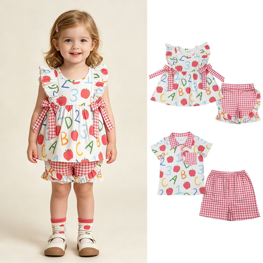 RTS NO MOQ Sibling Baby Girls Boys Apples ABC Print Top Checked Casual Shorts Set（2T-14-16T）