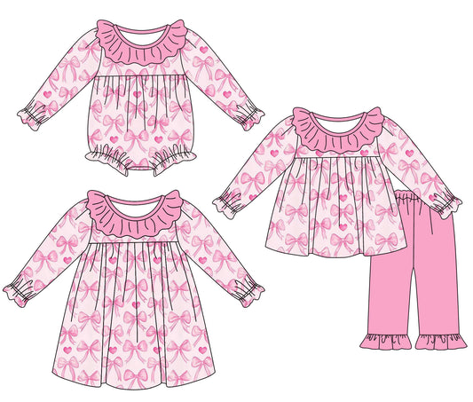 25.9.3 custom each style moq 5eta 4-6week Sibling Sisters bow pink baby girl long sleeve pants sets and dress and rompers match family design