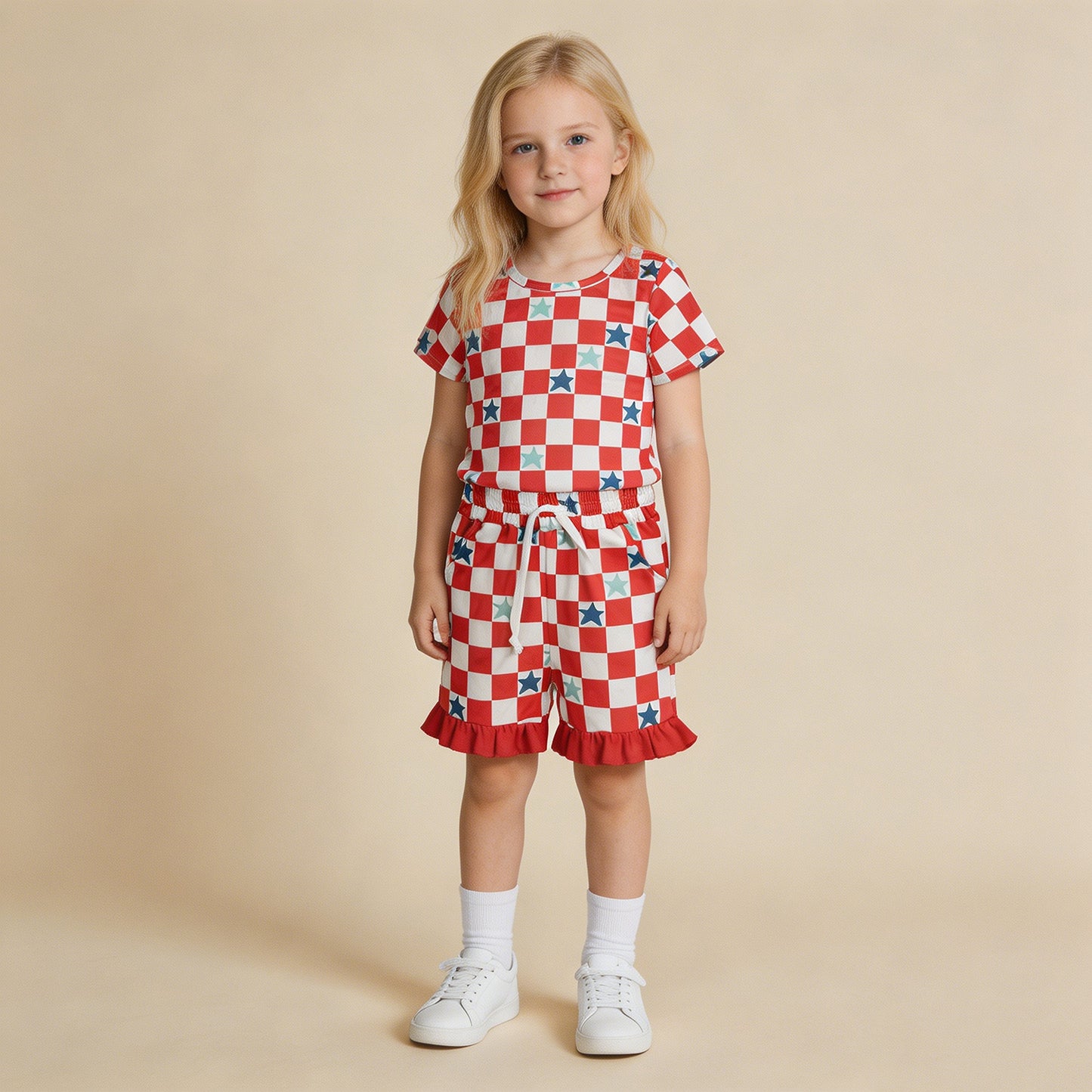 RTS NO MOQ milk silk GSSO3293 Baby Girls Red Checked Stars Top Pockets Ruffle Shorts 4th of July Clothes Sets