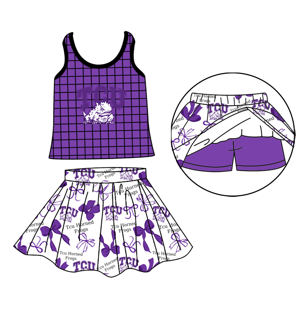Custom moq 5 mix size milk silk summer teams Baby Girls Summer Sleeveless Purple Plaid Top Letter Bow Skort Sets